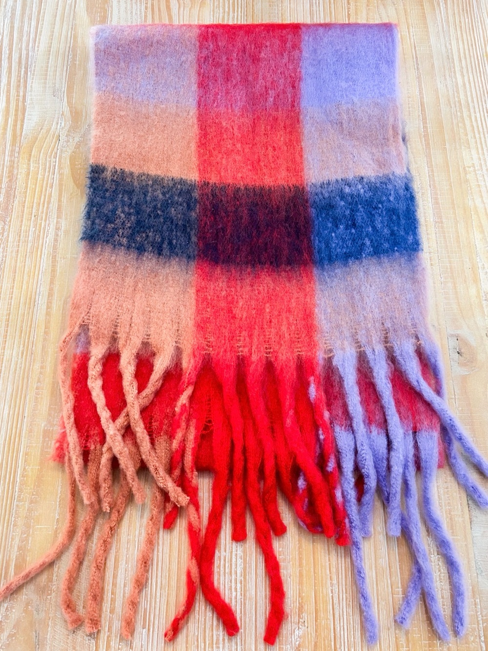 NWOT Boutique Bright Plaid Oversized Brushed Knit Scarf with Fringe